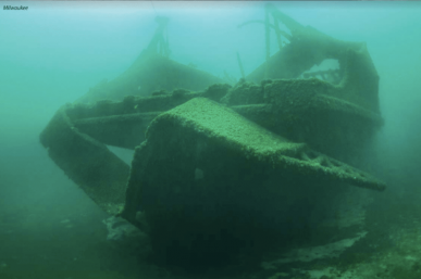 The sunken, algae-covered remains of the shipwrecked Milwaukee car ferry